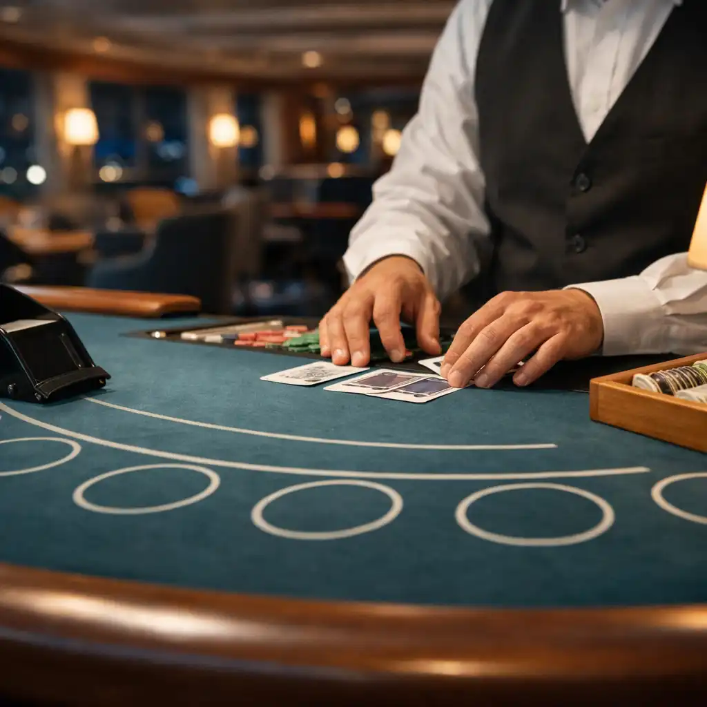 Dealer-side view of an orderly blackjack table aboard a cruise ship