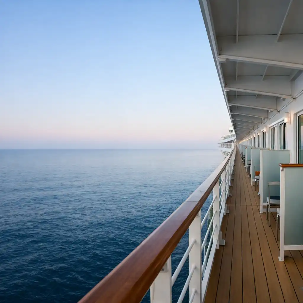 Cruise ship balcony cabins facing a calm morning sea horizon