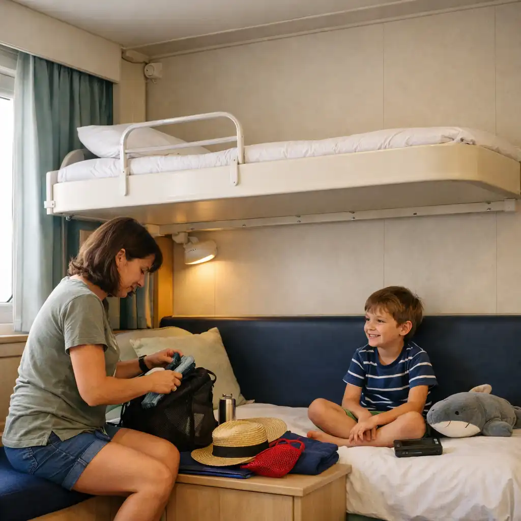 Adult organising bags while a child sits on a lower bed in a practical family cruise cabin