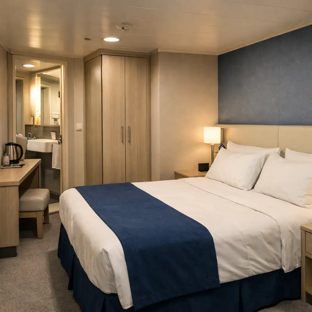 Compact cruise ship interior cabin with bed, desk, wardrobe and bathroom doorway
