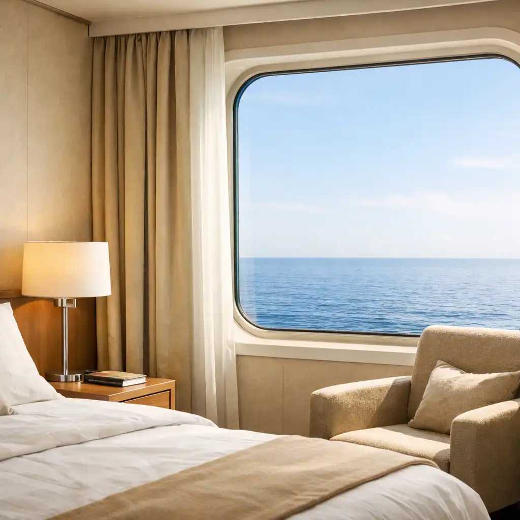 Ocean-view cruise cabin with bed, chair and a large window looking onto the sea