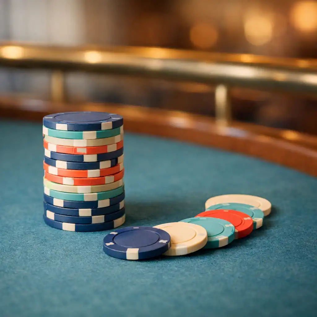 Tidy mixed stack of colourful casino chips on blue-green felt