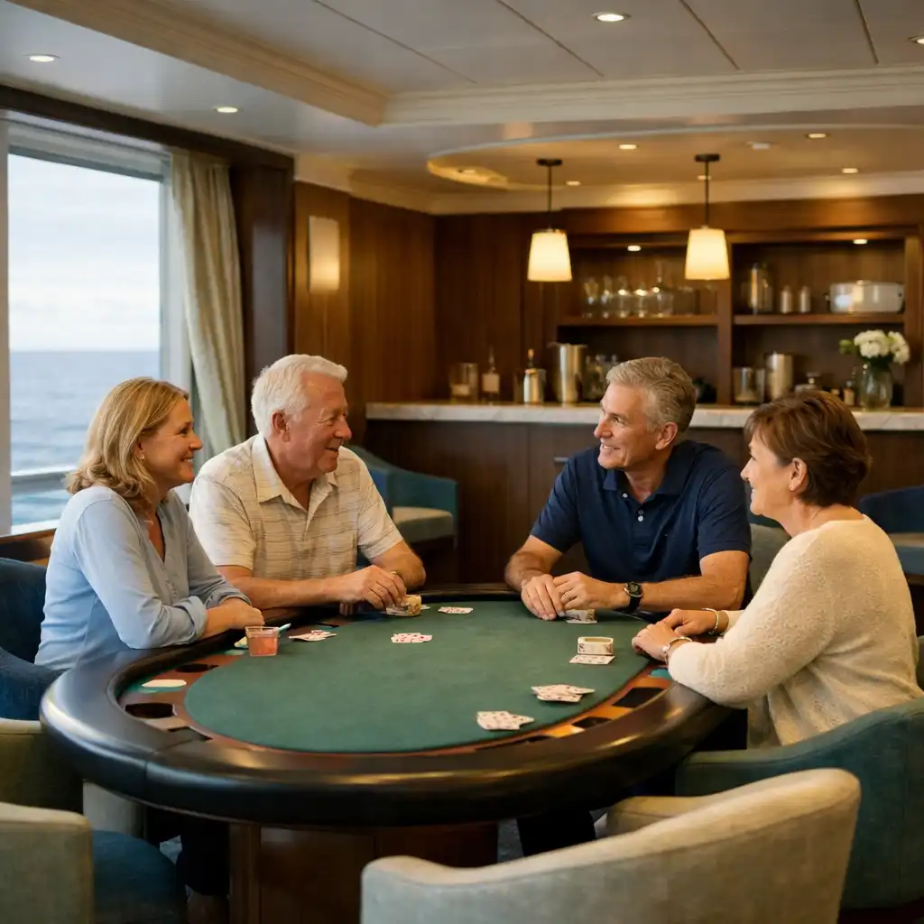 Quiet onboard card room with an oval poker table, upholstered chairs and sea visible through cruise-ship windows
