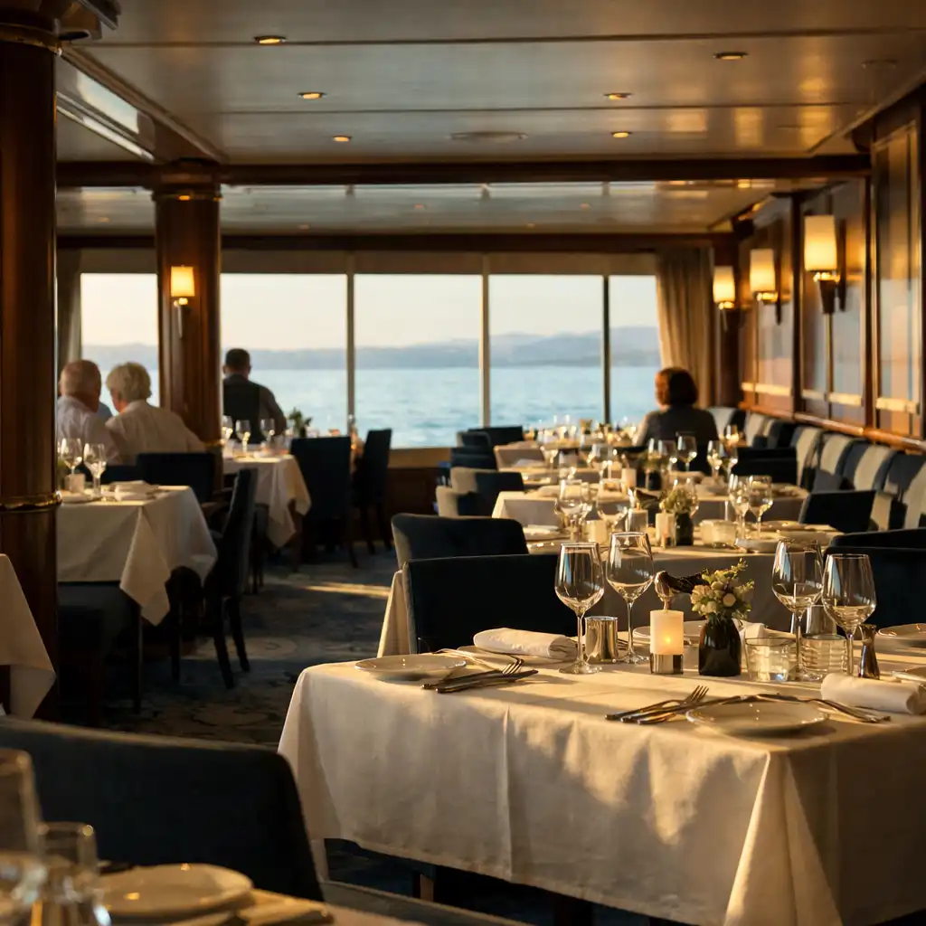 Warmly set tables in a cruise-ship dining room beside broad sea-view windows