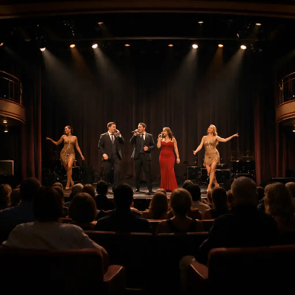 Performers on a modestly lit cruise ship theatre stage viewed from the audience