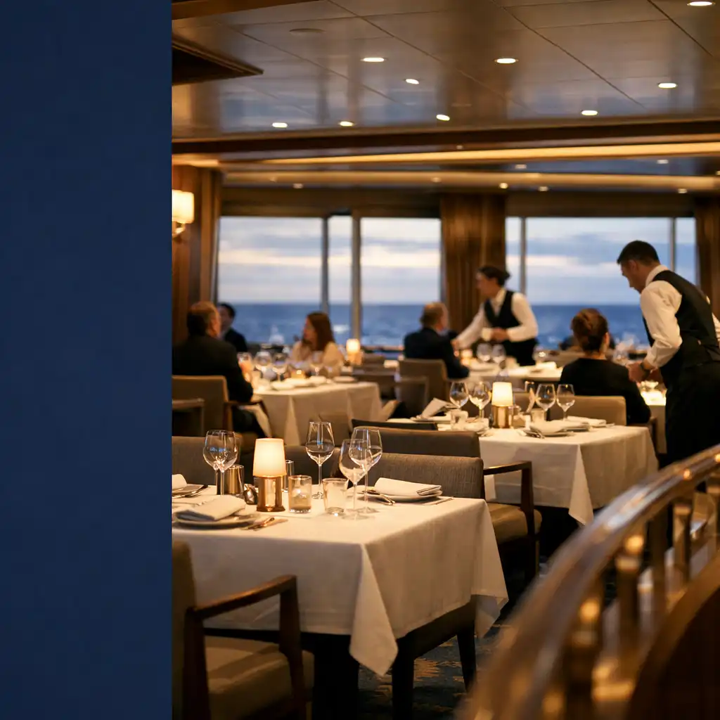 An elegant cruise-ship dining room set for early evening service, with sea-facing windows and softly lit tables.