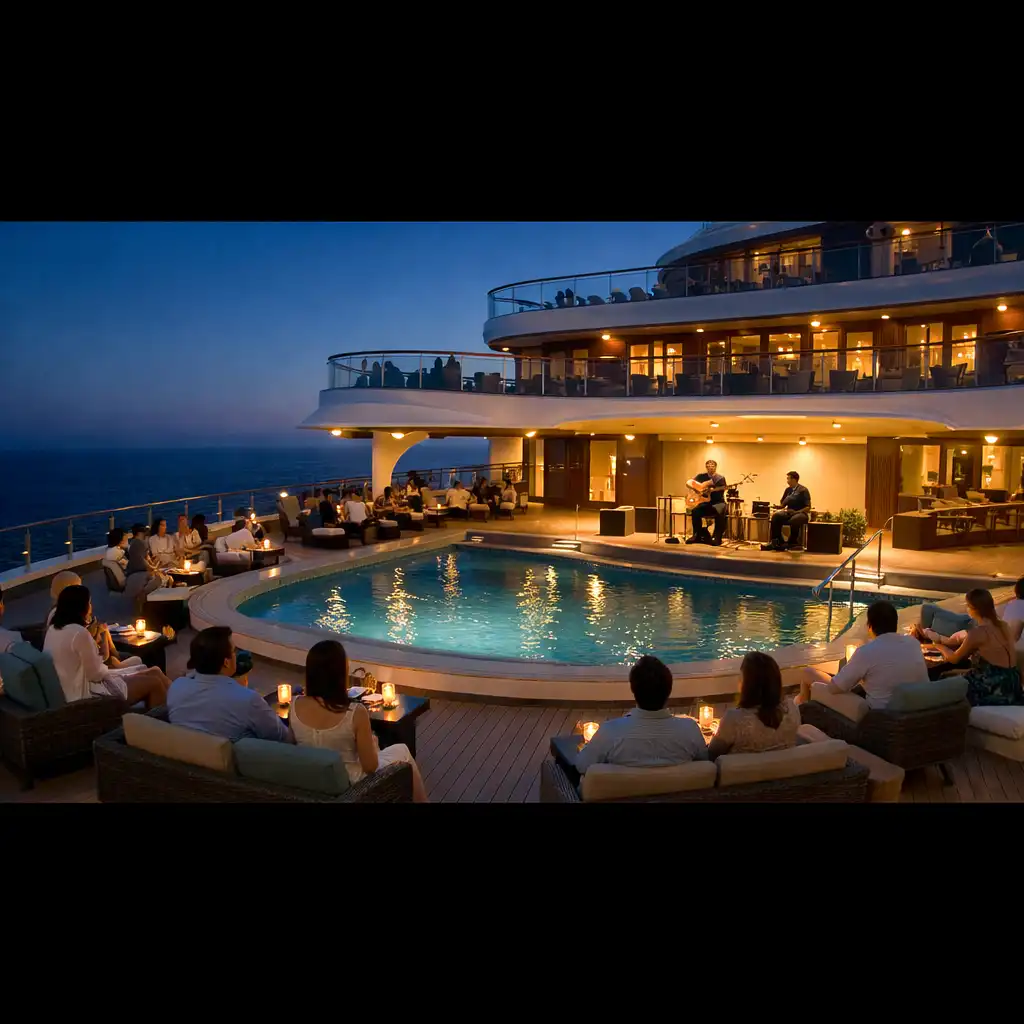 A cruise ship open deck at dusk with a small acoustic performance near the pool and the ocean beyond