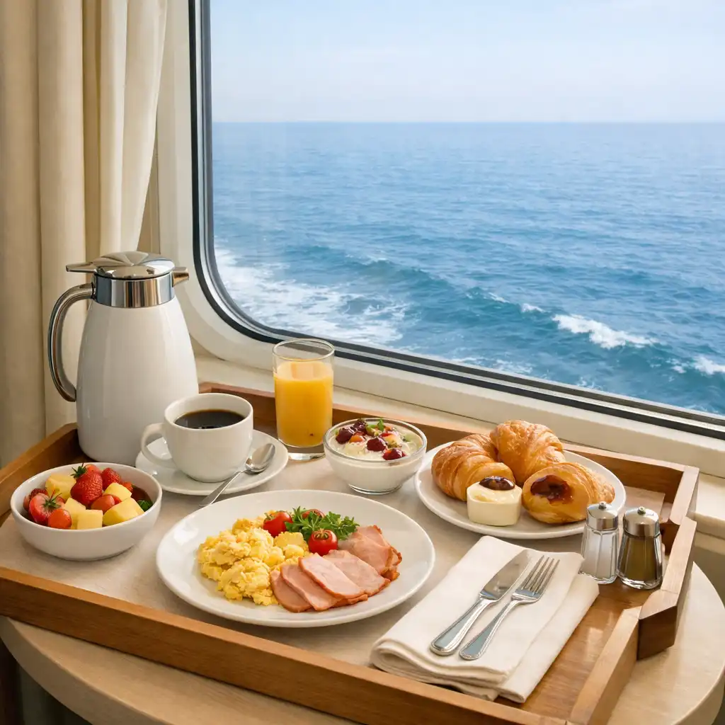 A breakfast tray beside an ocean-view cabin window on a cruise ship.