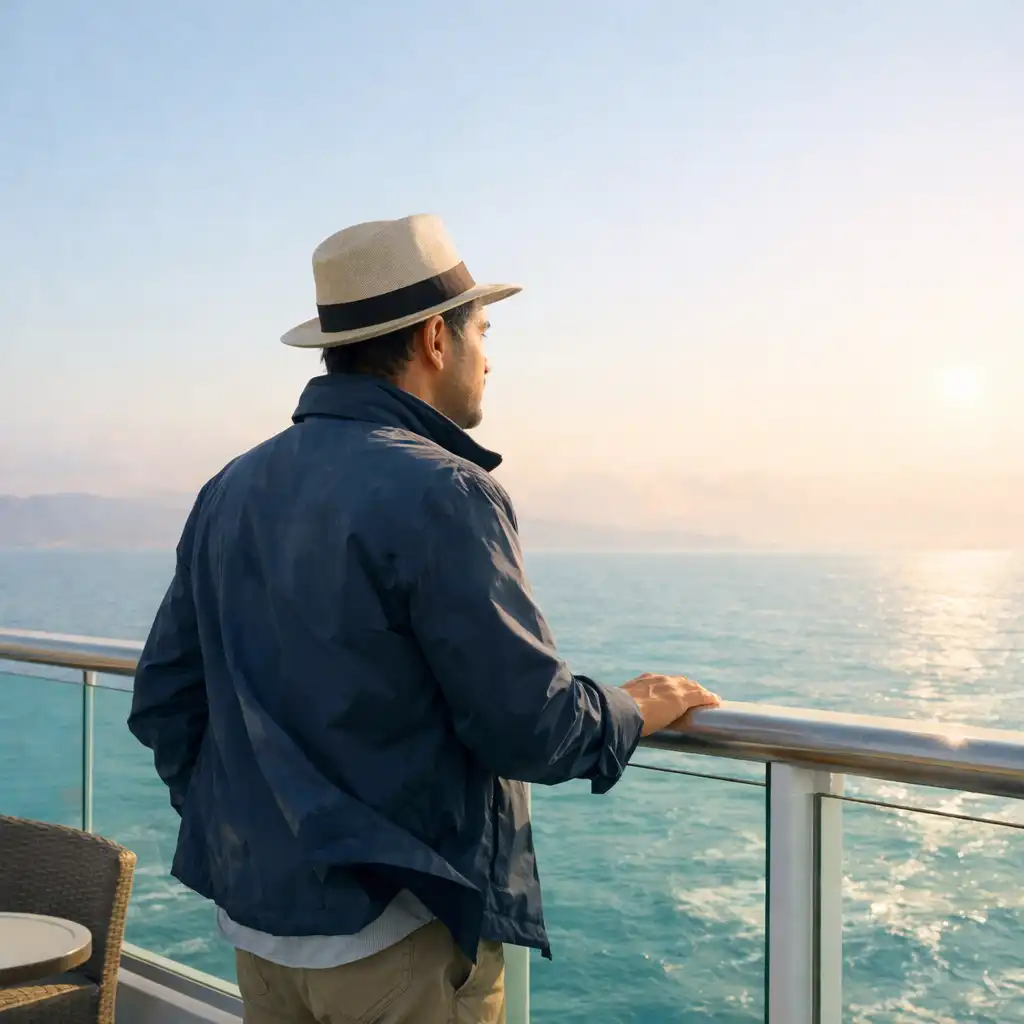 A traveller looking out to sea from a cruise ship observation deck