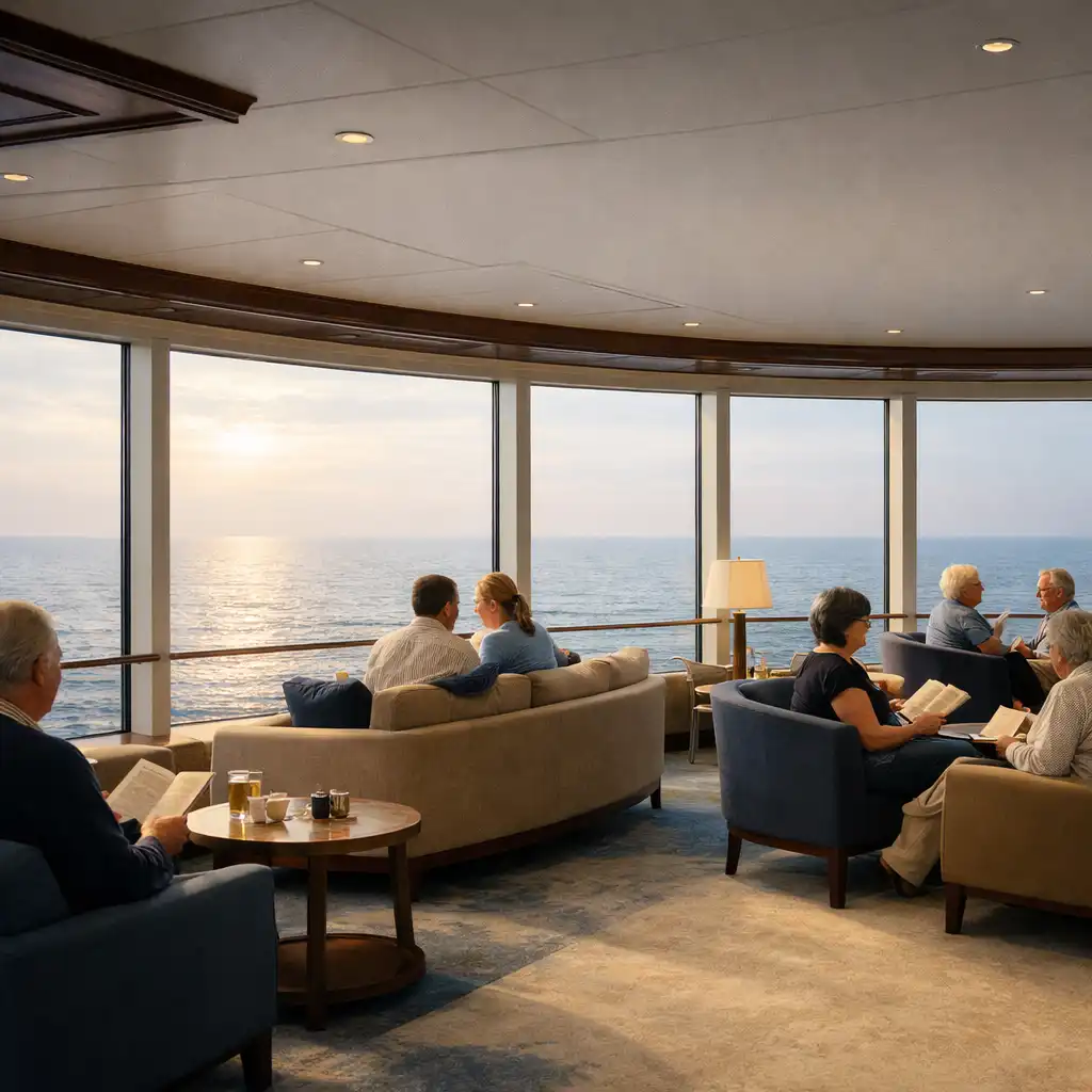 Cruise ship observation lounge with passengers seated beside large windows looking towards the ocean horizon