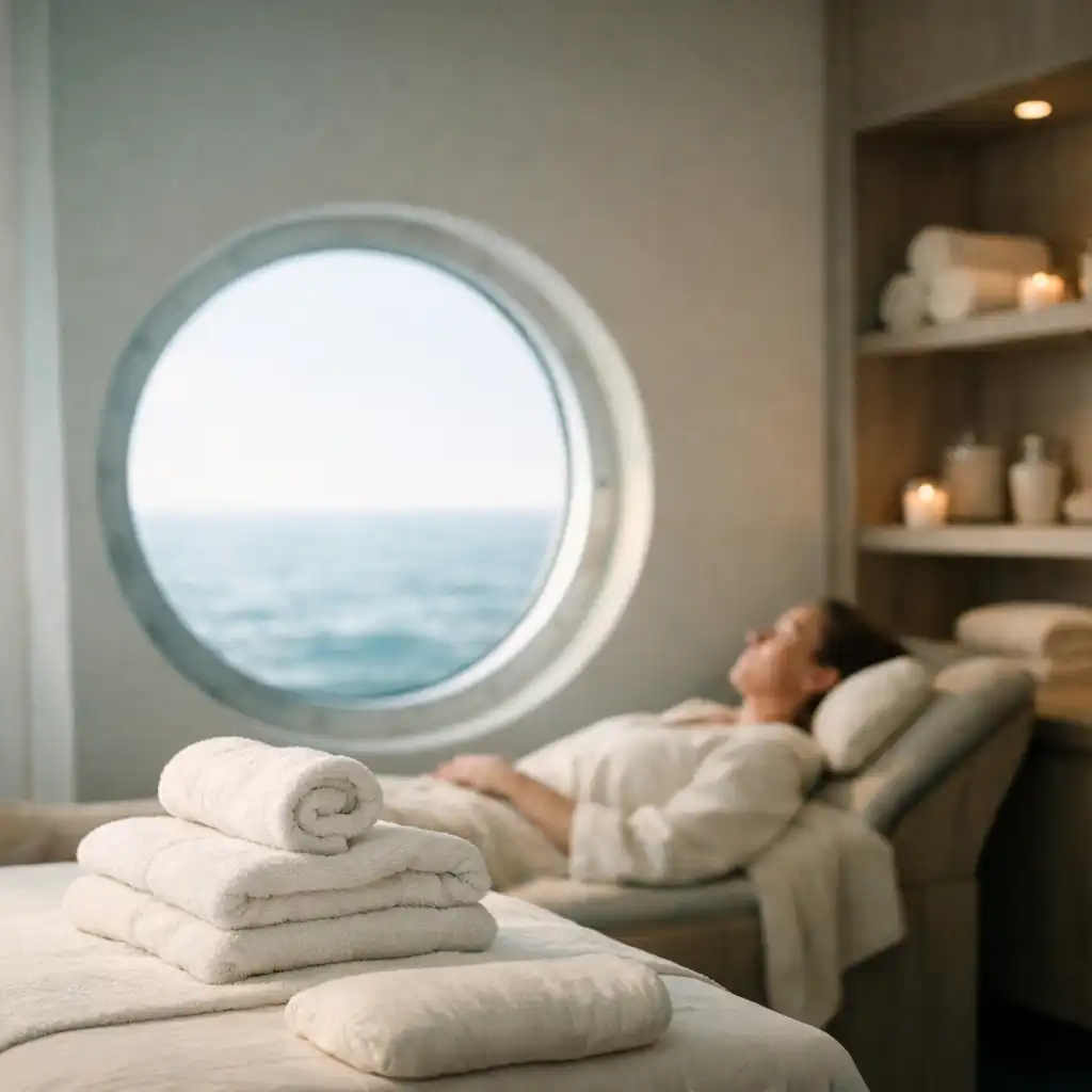 Quiet onboard spa relaxation space with folded towels, warm timber details and a porthole-like window