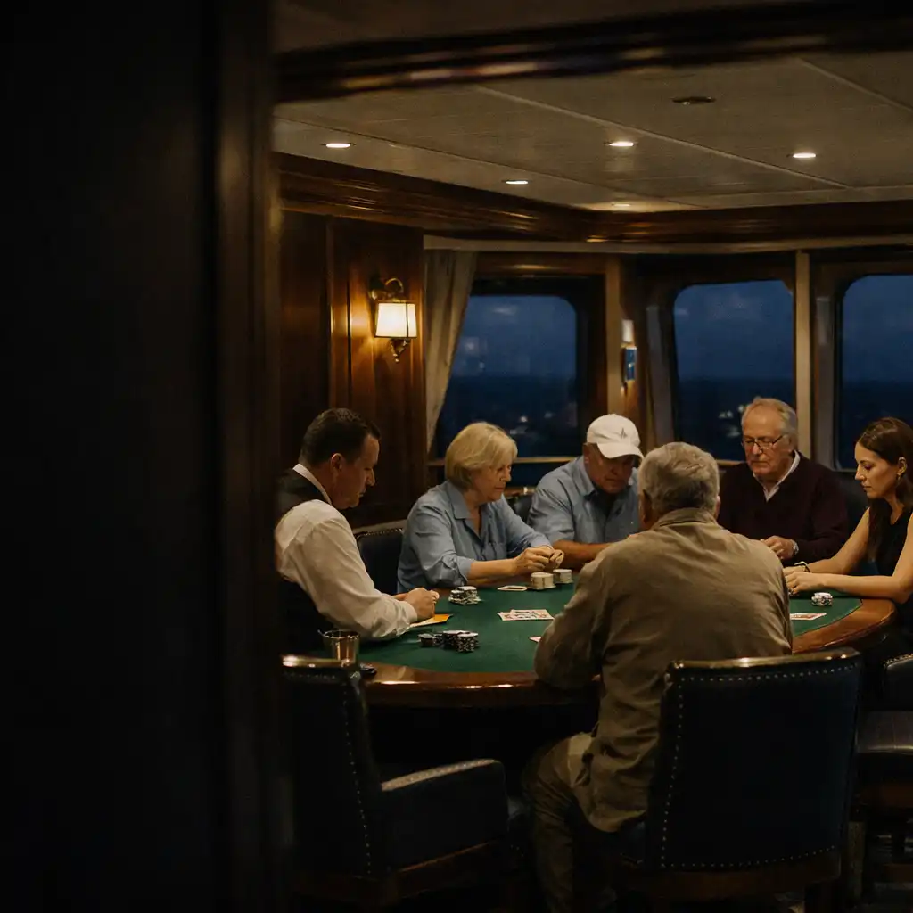 Adult passengers seated around a poker table in a softly lit cruise-ship interior at sea