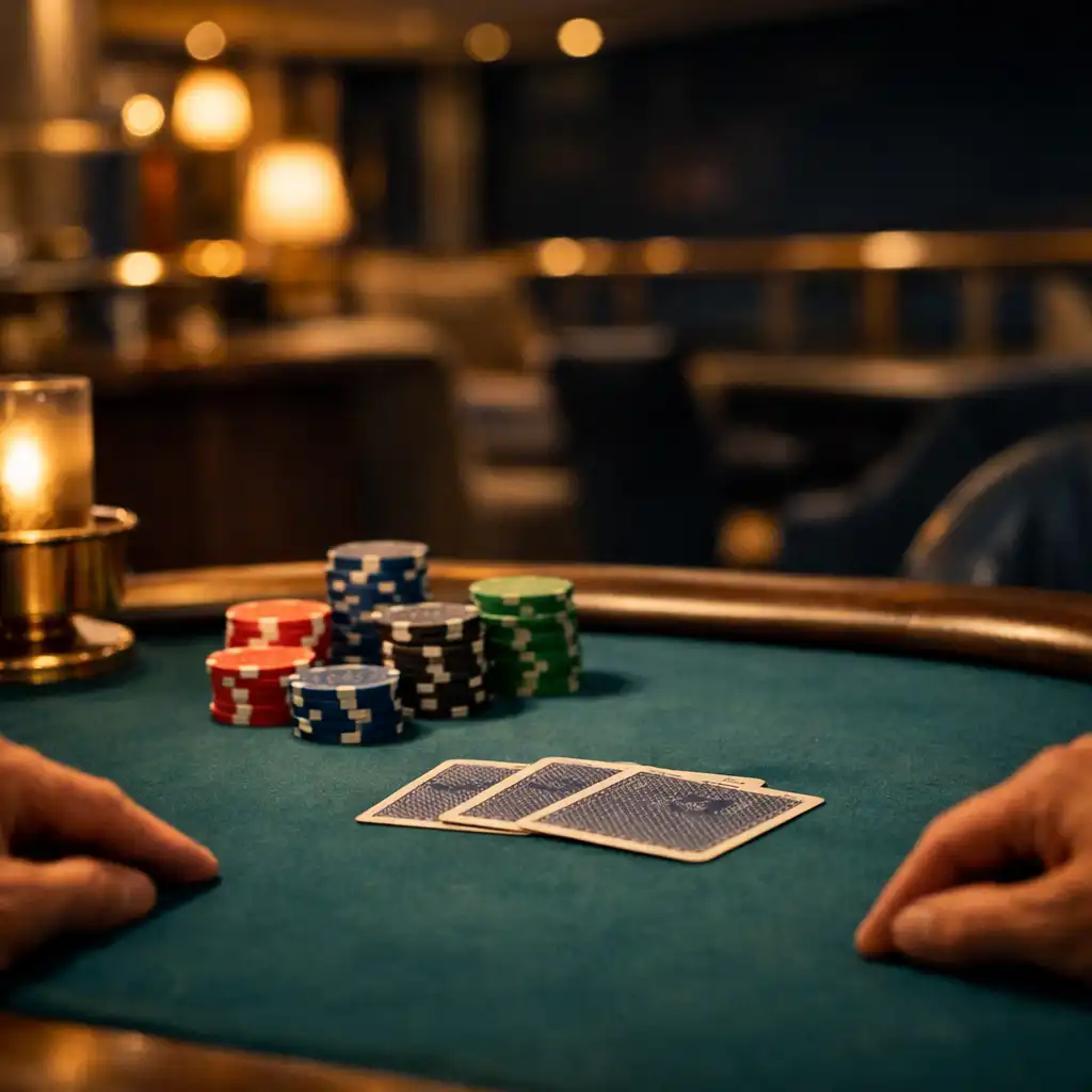 Neatly arranged gaming chips and face-down cards on a quiet cruise-ship poker table