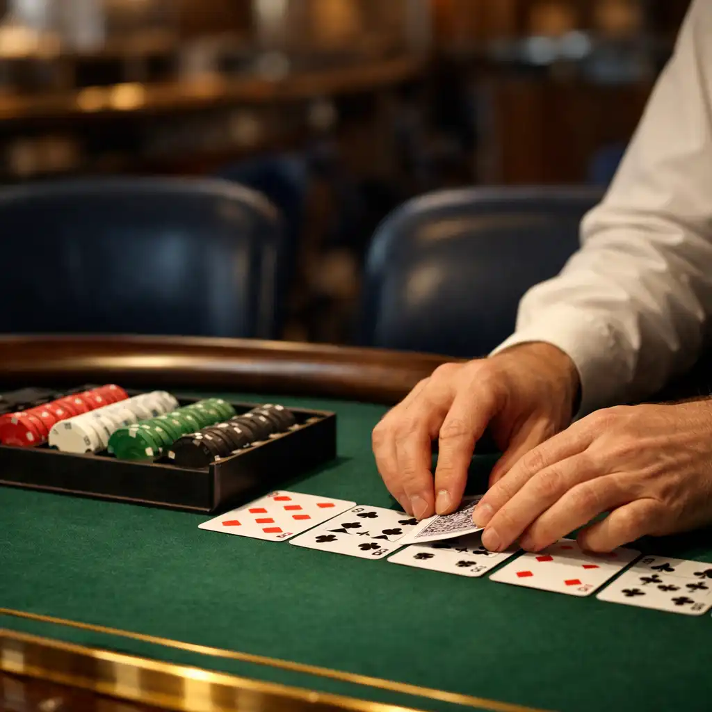 Dealer hands arranging cards beside a tidy chip rack on a green felt poker table aboard a ship