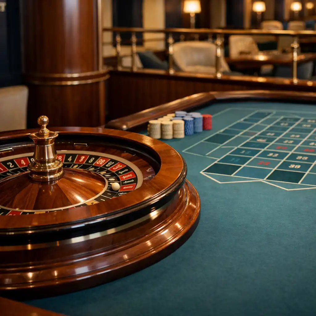Stationary roulette wheel beside a green-blue felt table in a cruise-ship casino