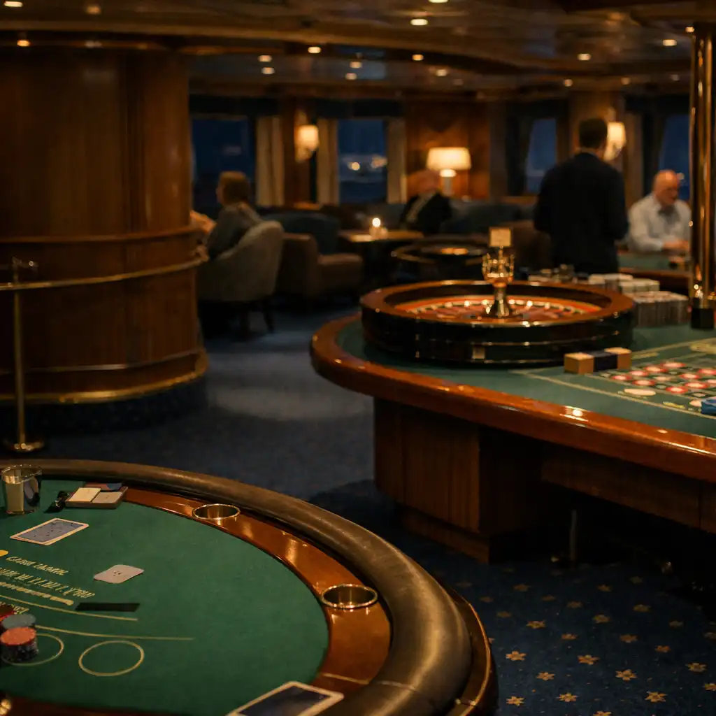 An understated shipboard casino interior with a green felt table and roulette wheel