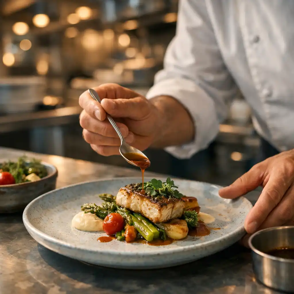 A chef finishes a plated dinner at the pass of a cruise-ship specialty restaurant.